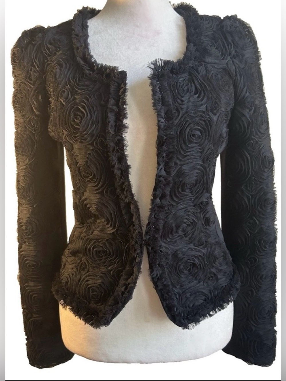 Black Textured Rosette Jacket Korean Vintage Puff Sleeve Blazer Mundo S